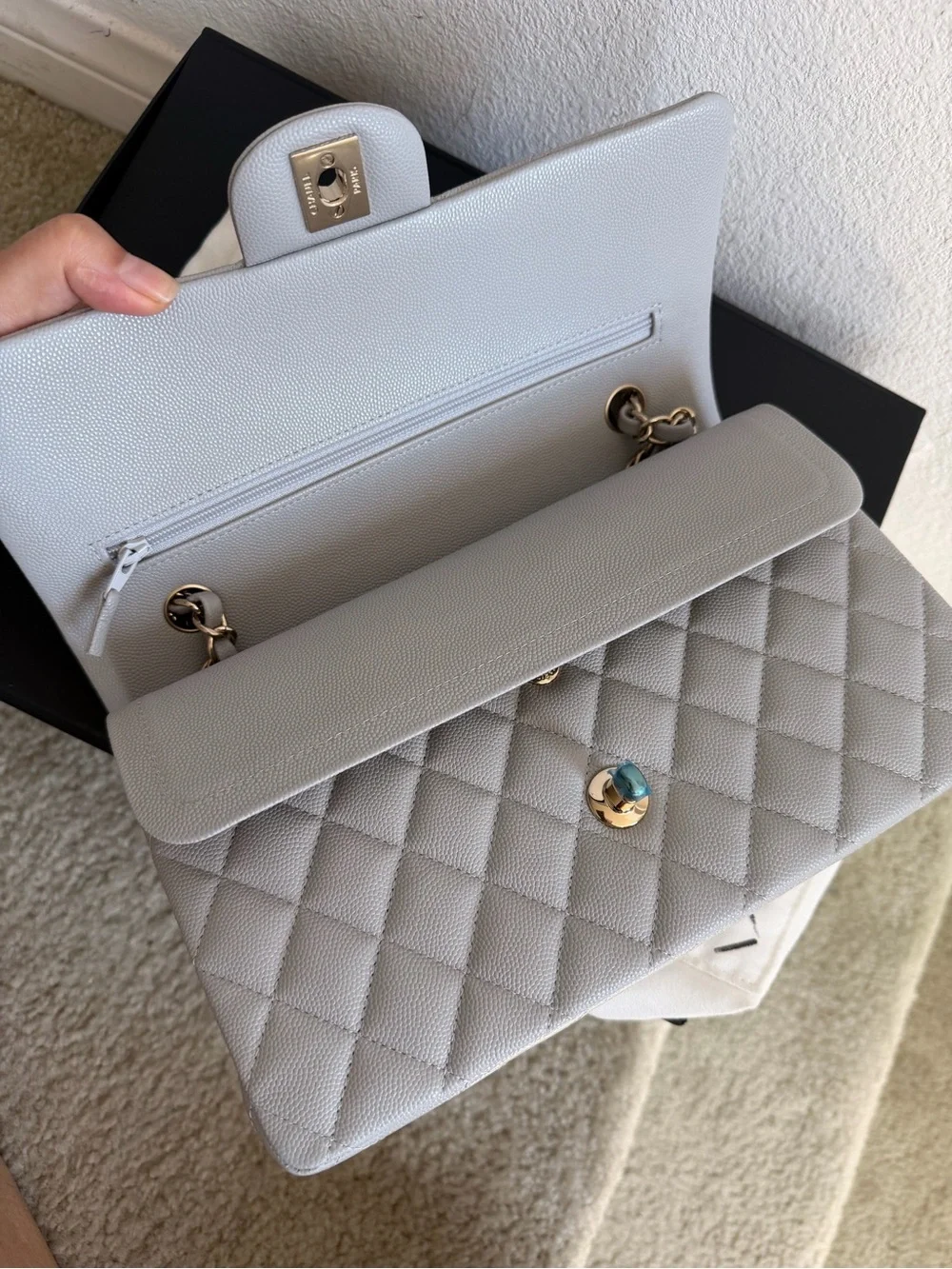 CHANEL 21A Light Grey light GHW Caviar Quilted Medium Double Flap with Receipt